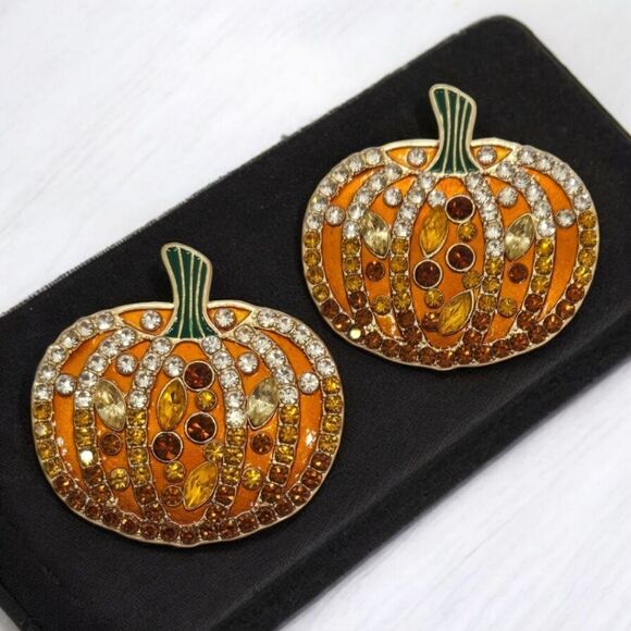 Large RhinestoneāPumpkin Earrings Fall Jewelry Pierced Ears Stud Posts Halloween - Picture 1 of 9